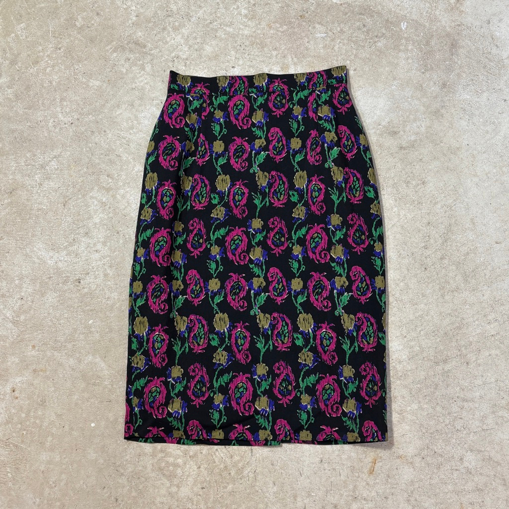 Liberty London Paisley Pure Wool Pencil Skirt Women’s 10 Back Zip Black Pink